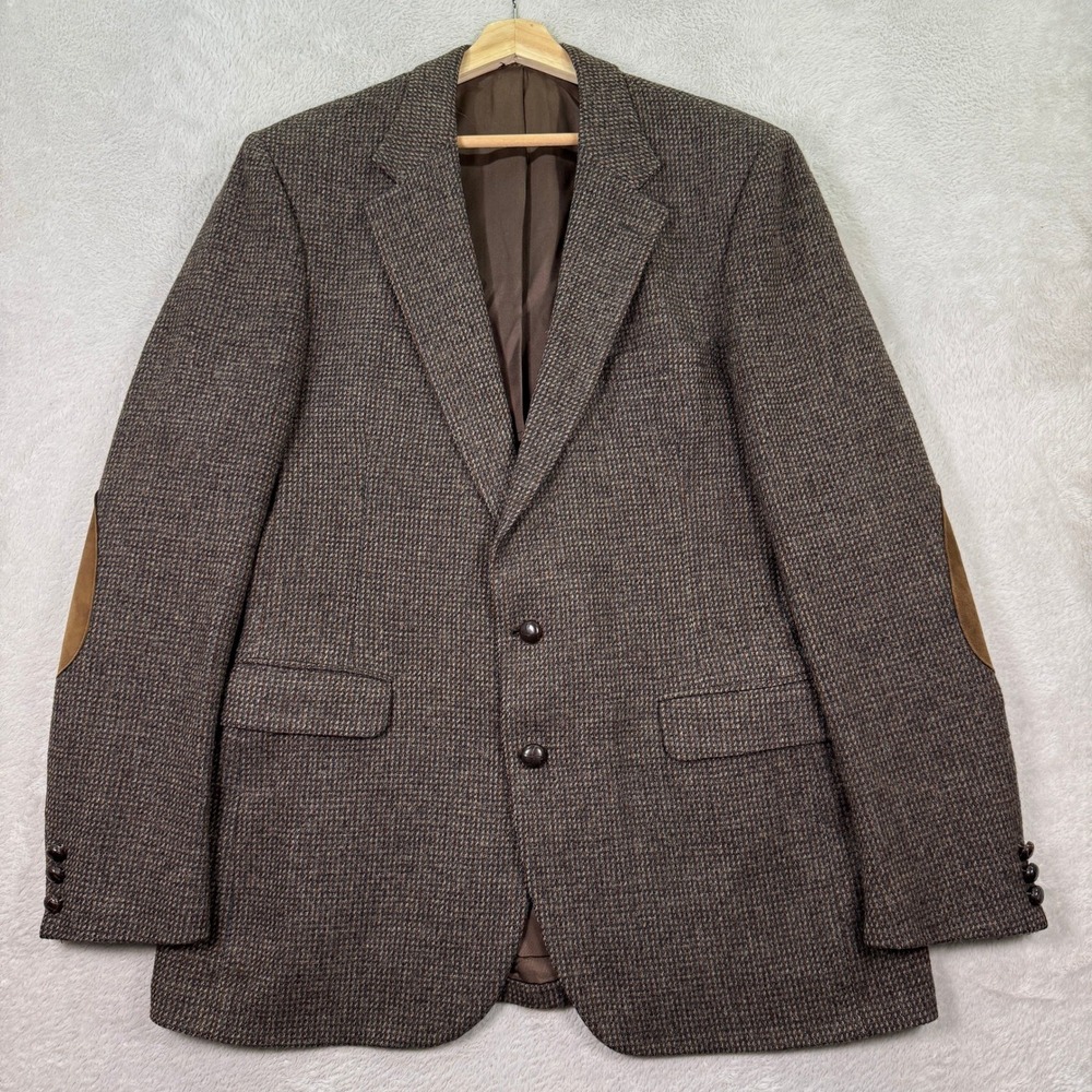 Vintage Stafford Men's 44L Brown TWEED Blazer Sport Coat Jacket Elbow Patch EUC